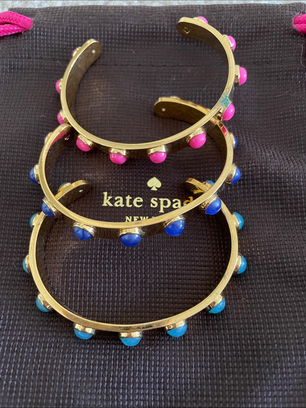 kate spade set of 3 gold tone Cuff Bracelets with Pink, Blue and teal